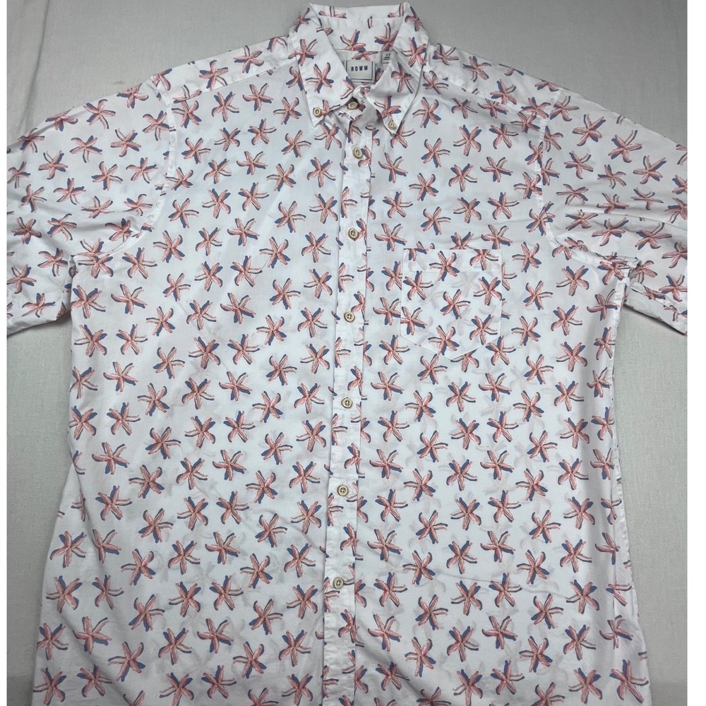 ROWM Mens Starfish Button Down Shirt White LT Large Tall Cotton Short Sleeve